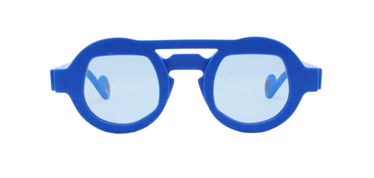Blue sunglasses with a white background