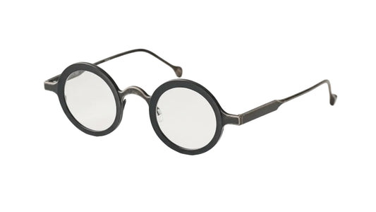 Round sunglasses with black frame and light blue lenses on a white background