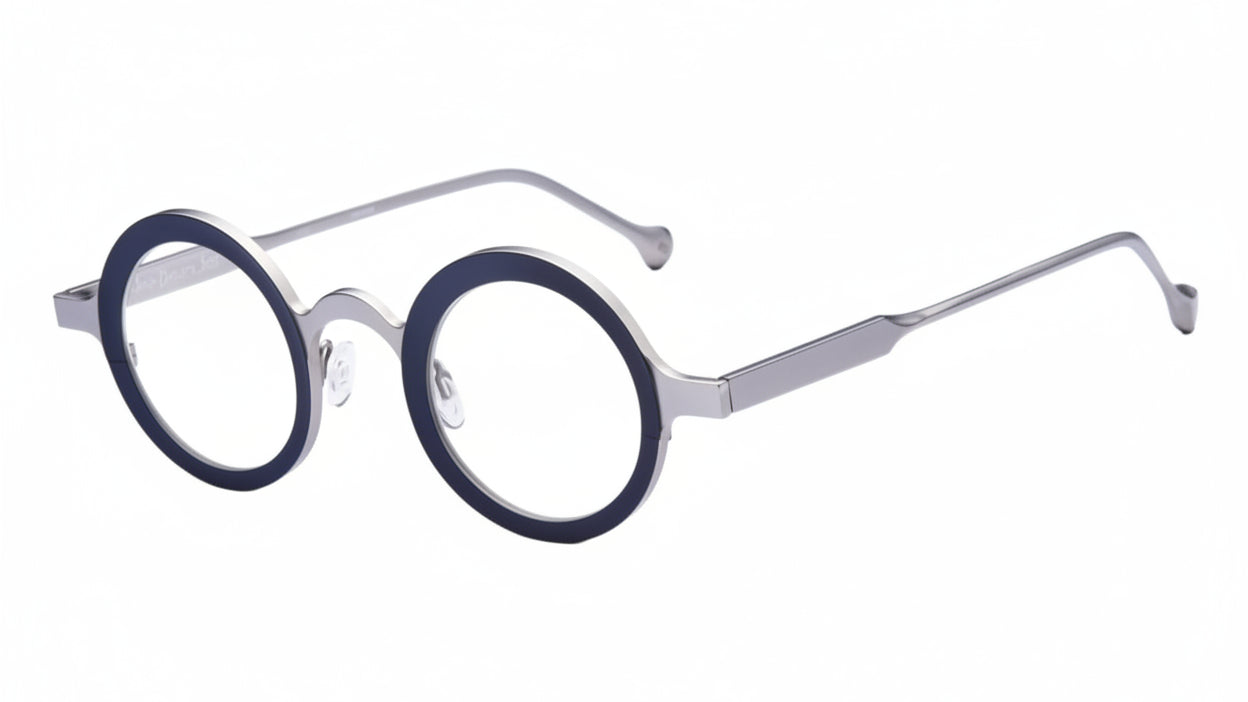 Round eyeglasses with blue lenses and silver frames on a white background