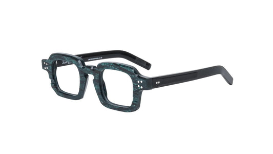 Green eyeglasses with a white background
