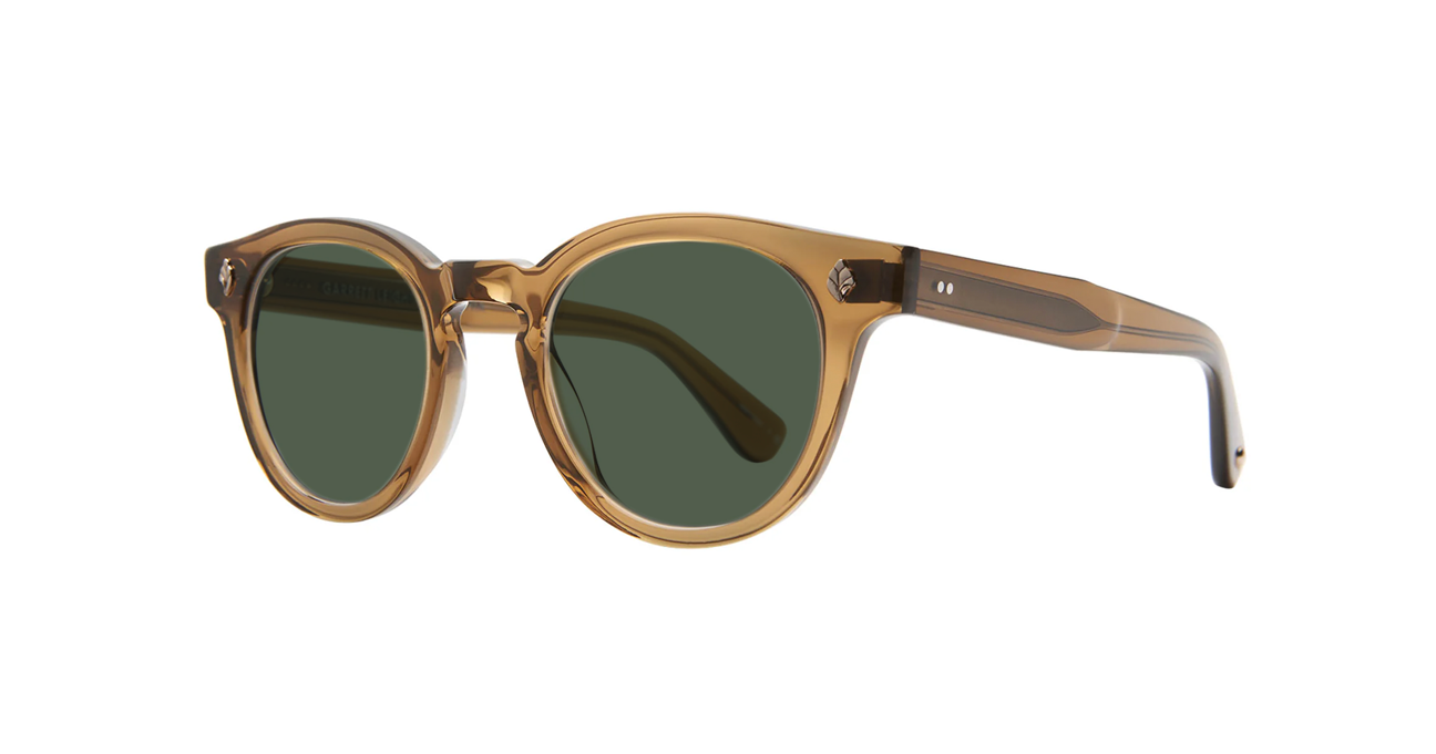 Caramel Brown round sunglasses with green lenses on a white background