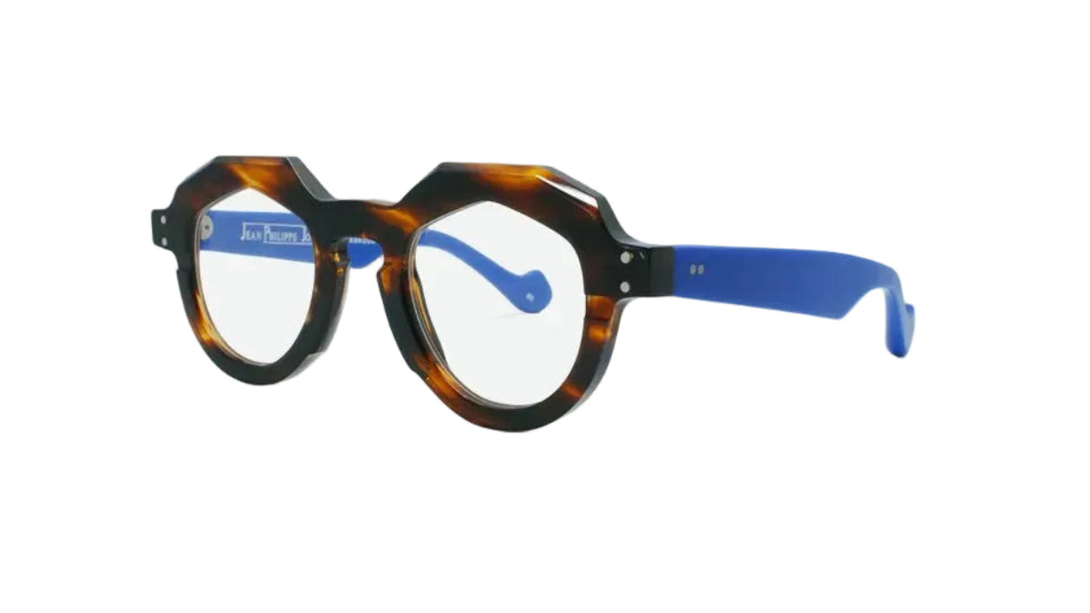 Eyeglasses with tortoiseshell frame and blue arms on a white background