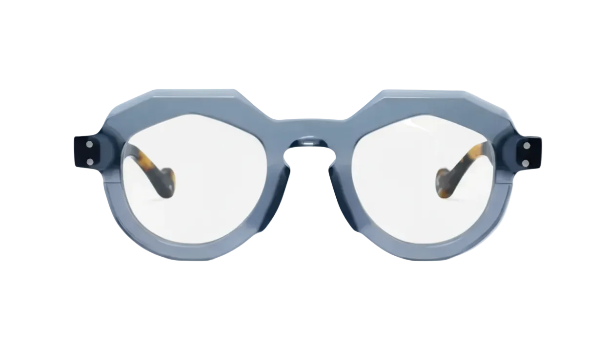 Blue eyeglasses with a geometric frame on a white background