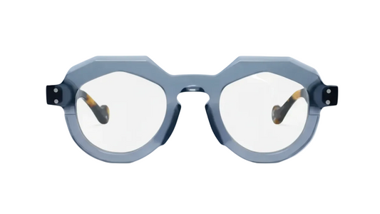 Blue eyeglasses with a geometric frame on a white background