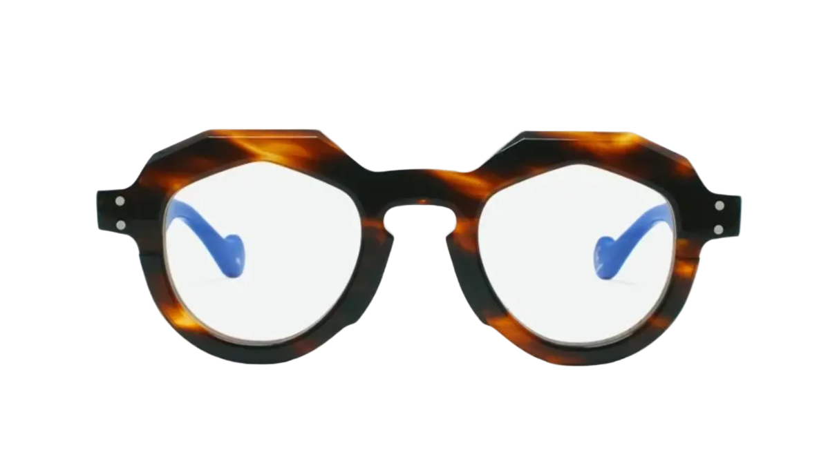 Tortoiseshell eyeglasses with blue temple tips on a white background