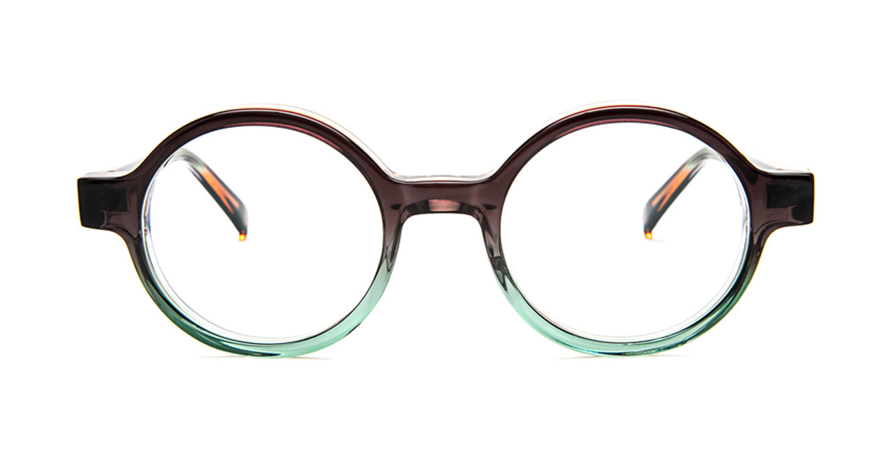 Round bevel schulze eyeglasses with a brown and green gradient design on a white background