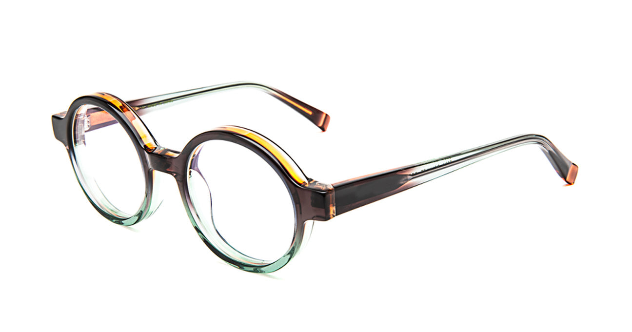 Side view of round bevel schulze eyeglasses with a brown and green gradient design on a white background