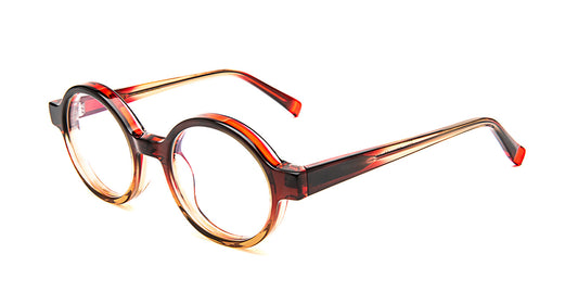 Side view of round bevel schulze eyeglasses with a gradient red and brown frame on a white background