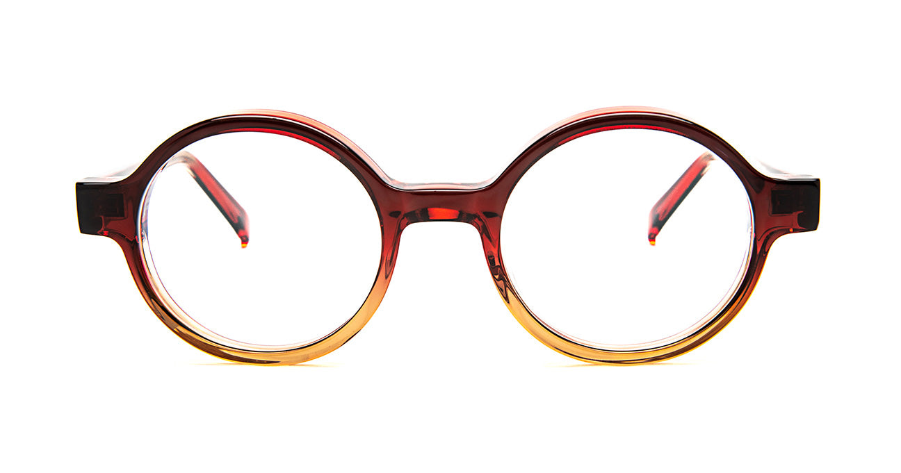 Round bevel schulze eyeglasses with a gradient red and brown frame on a white background