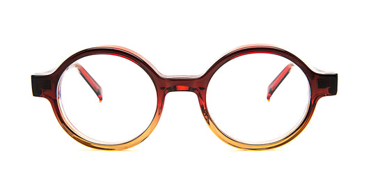 Round bevel schulze eyeglasses with a gradient red and brown frame on a white background