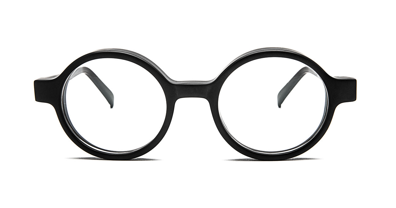 Bevel schulze black round eyeglasses on a white background