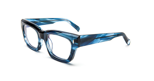 Blue and black marbled acetate sunglass frames with grey polarized lenses, shown at a three-quarter angle on a white background.