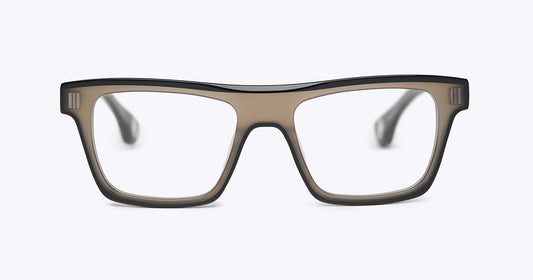 A pair of square-frame eyeglasses with a translucent taupe-brown acetate frame and clear lenses, shown against a plain light gray background.