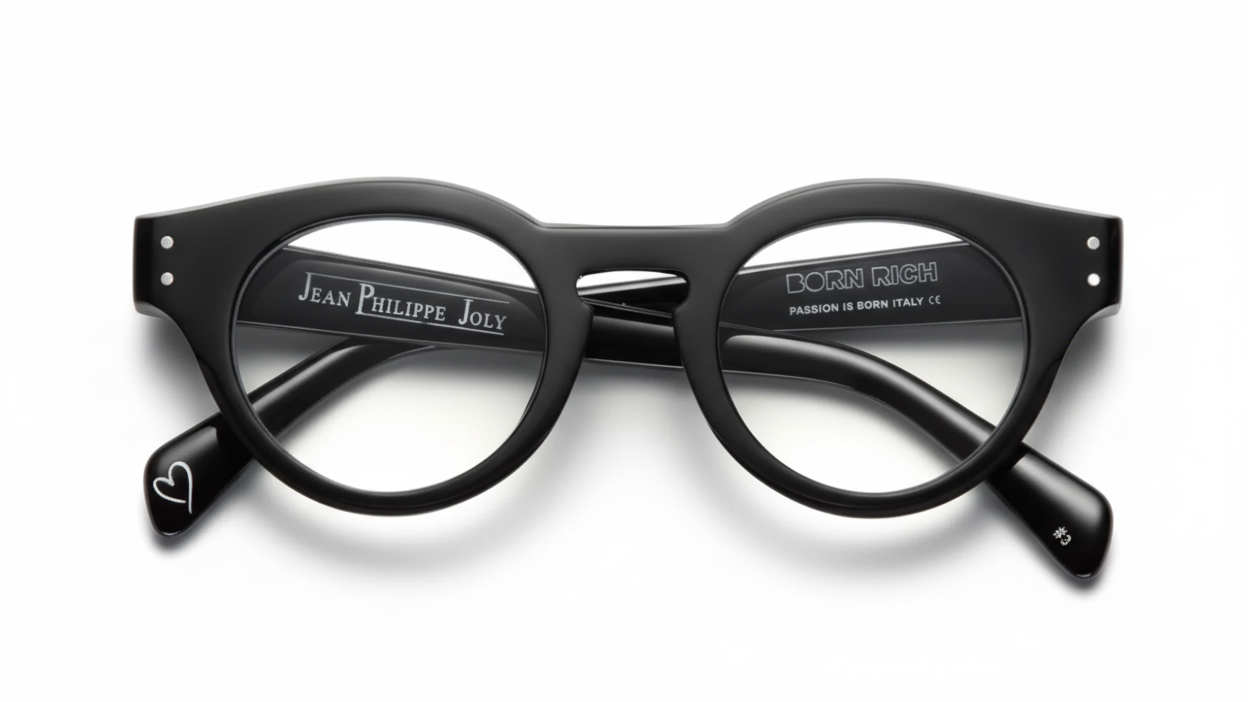 Black eyeglasses with brand names on a white background