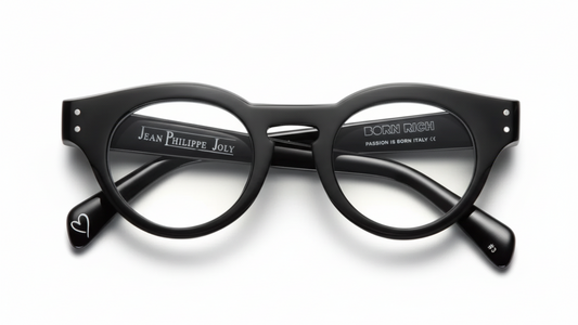 Black eyeglasses with brand names on a white background