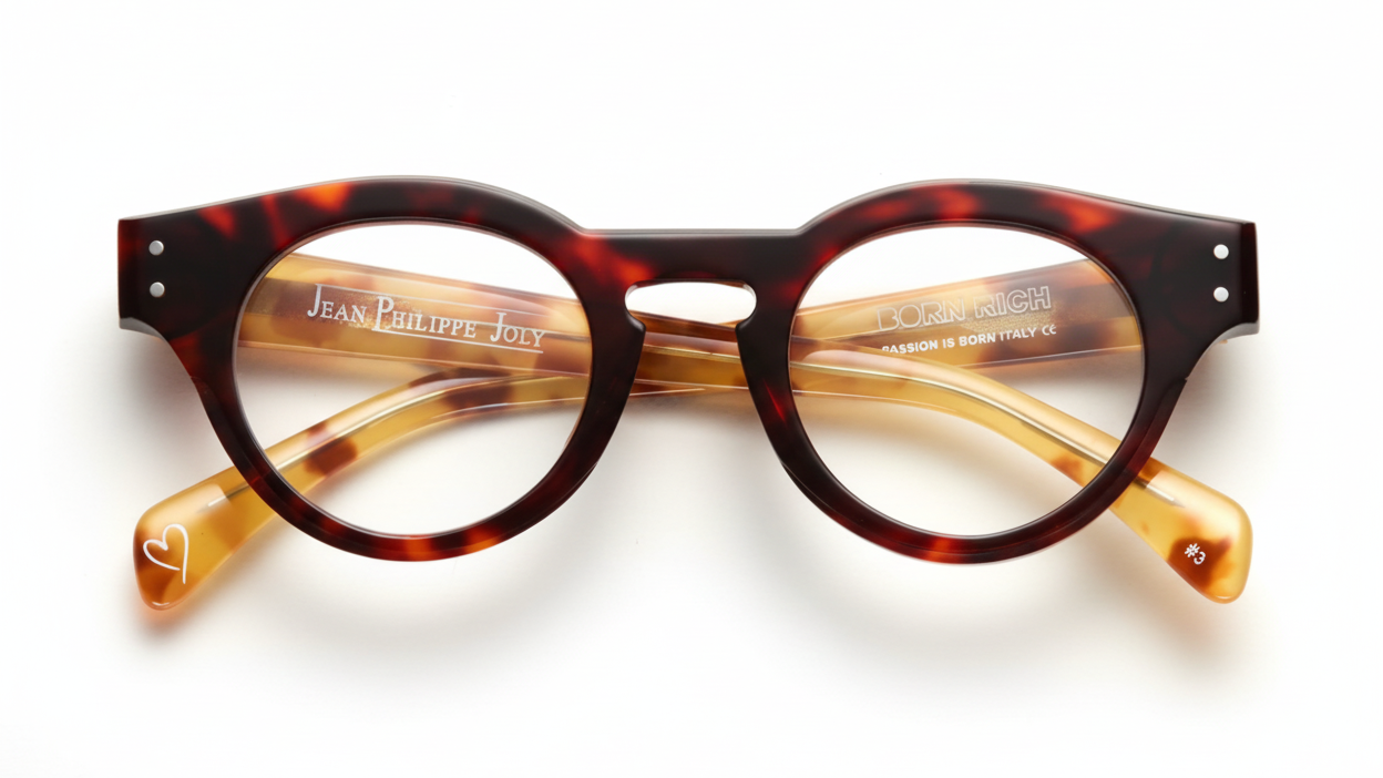 Tortoiseshell eyeglasses with gold accents on a white background