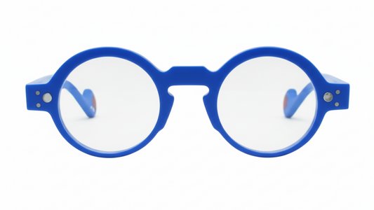 Blue eyeglasses on a white background