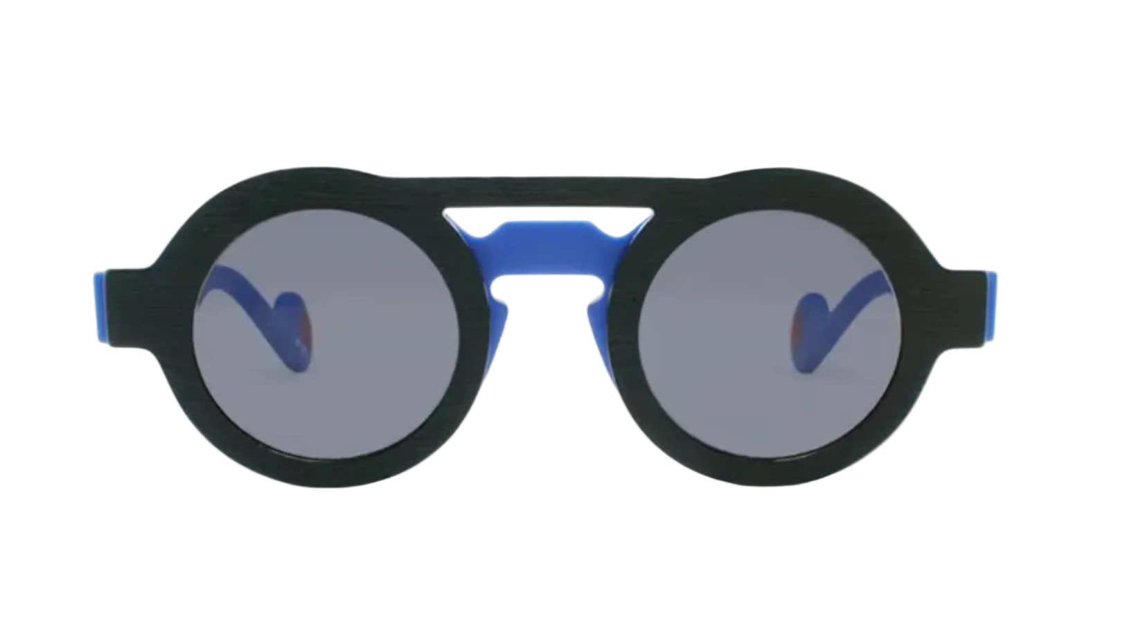 Sunglasses with black frames and blue accents on a white background