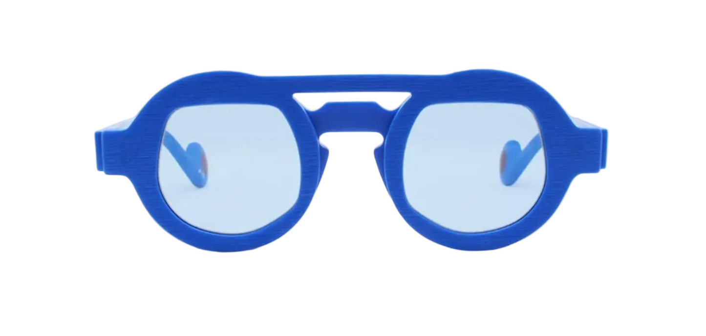Blue sunglasses with a white background