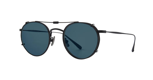 Side view of a Black Garrett Leight stainless steel folding sun clip with blue tinted lenses, designed to attach to Wilson eyeglasses, displayed against a plain background.