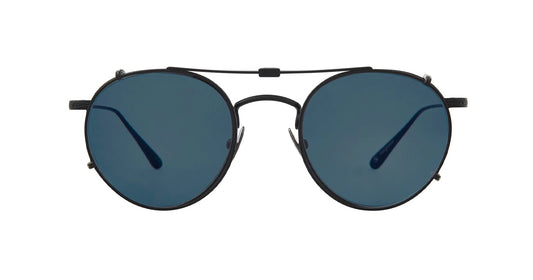 A black Garrett Leight stainless steel folding sun clip with blue tinted lenses, designed to attach to Wilson eyeglasses, displayed against a plain background.