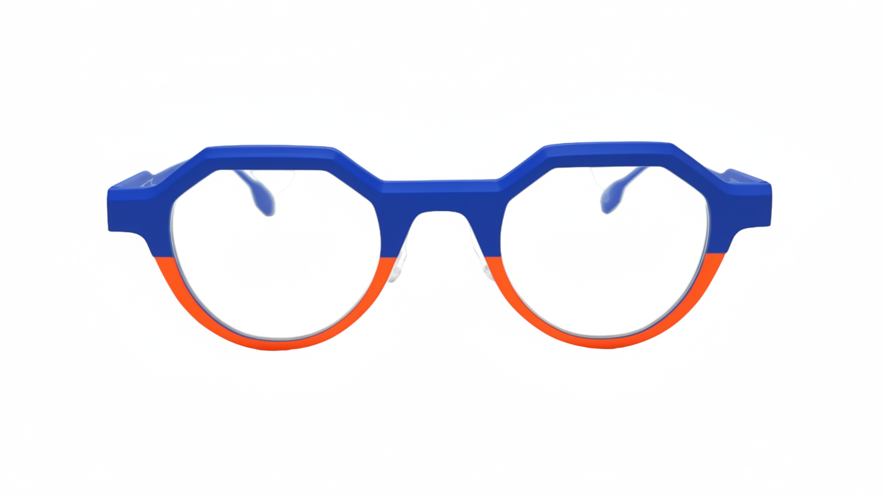 Blue and orange eyeglasses on a white background