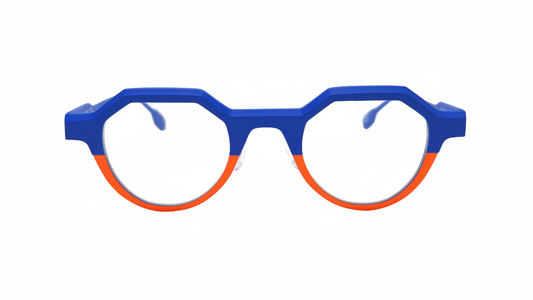 Blue and orange eyeglasses on a white background