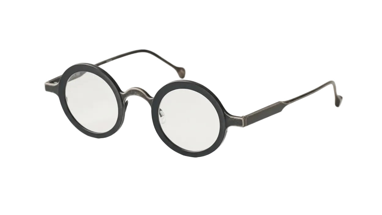 Round sunglasses with black frame and light blue lenses on a white background