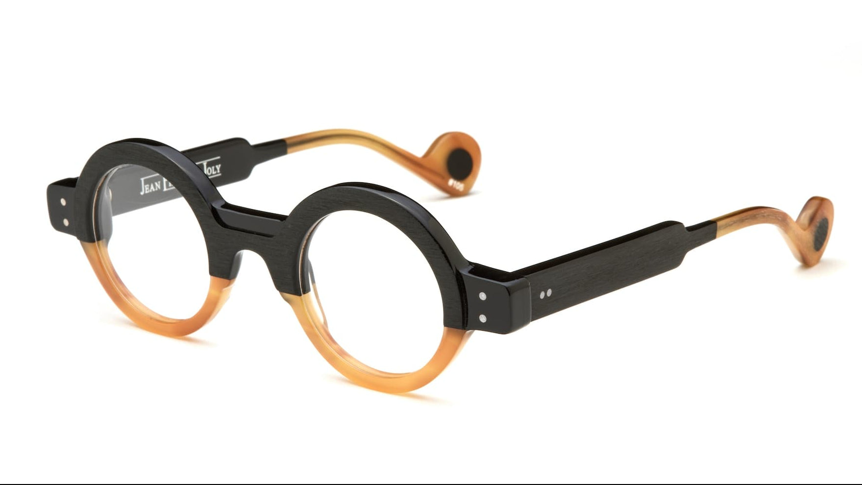 Round eyeglasses with black and brown frame on a white background
