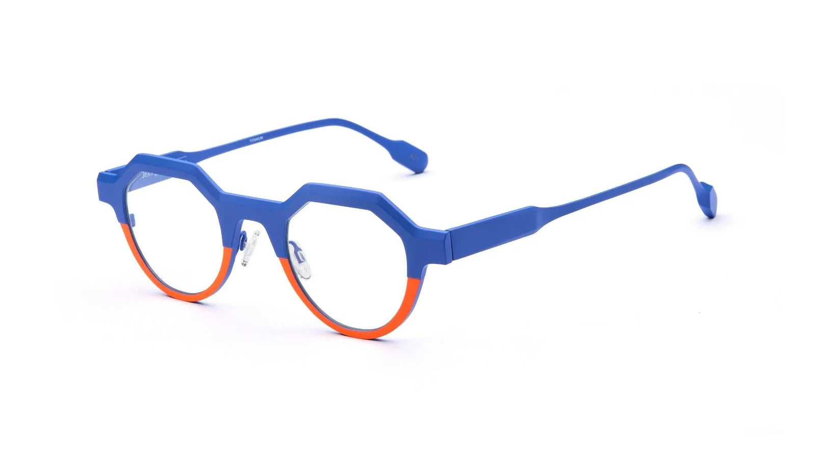 Blue eyeglasses with orange accents on a white background