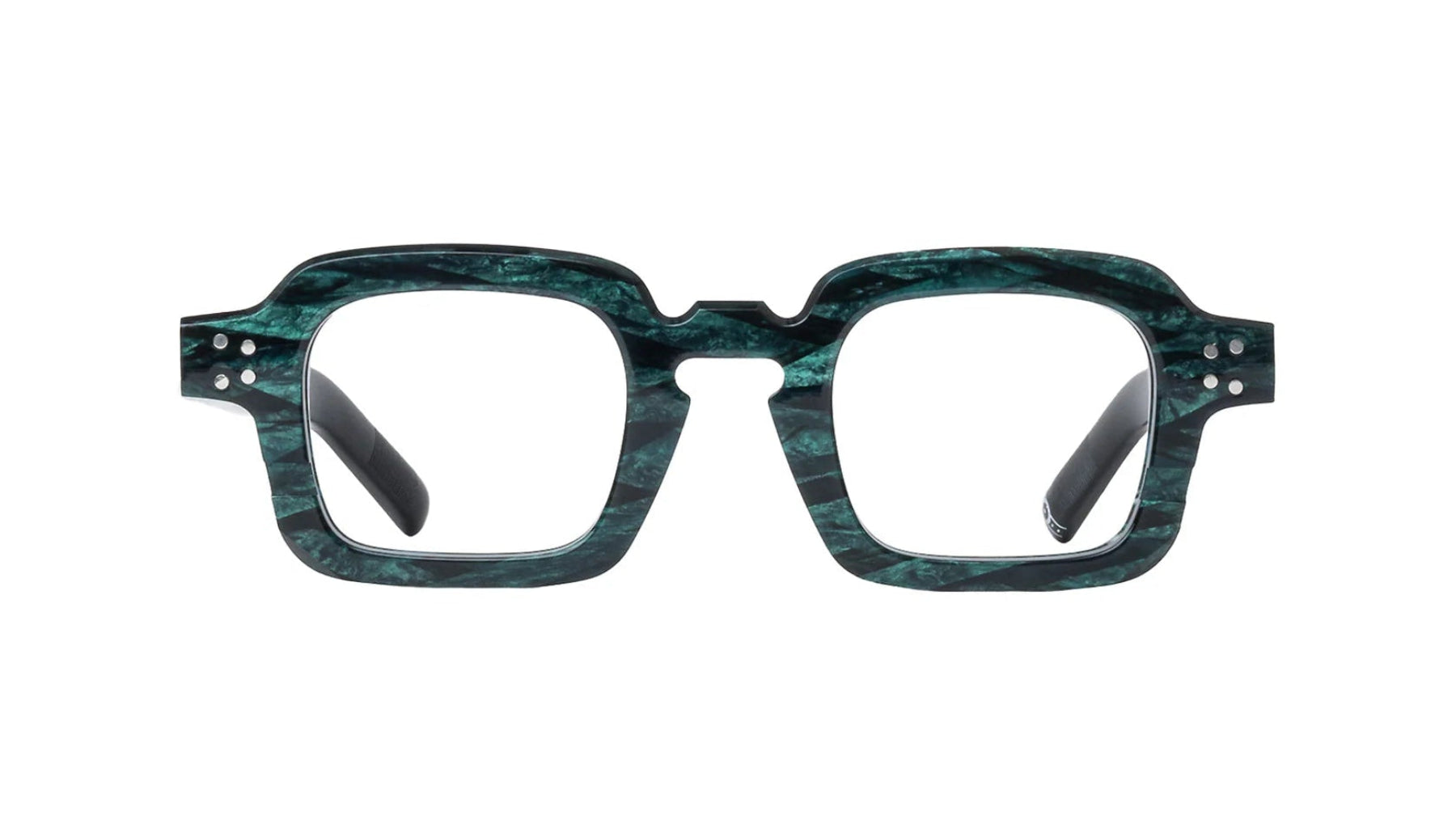 Green marbled eyeglasses on a white background