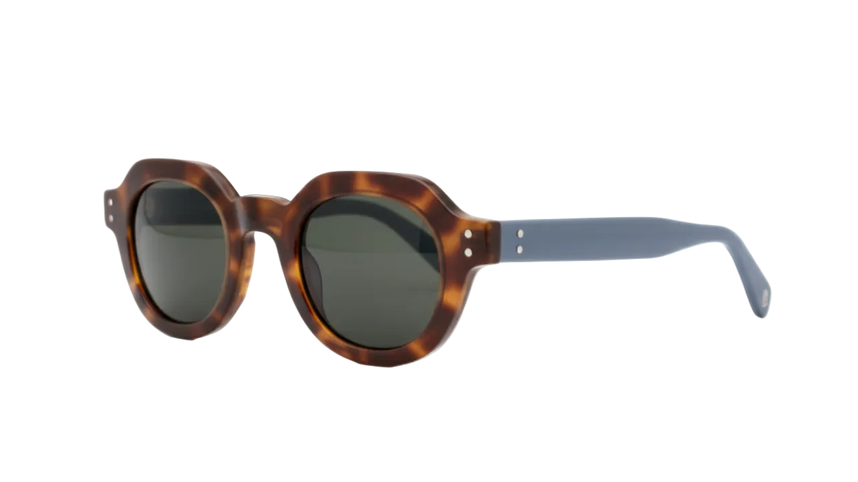 Sunglasses with tortoiseshell frame and dark lenses on a white background