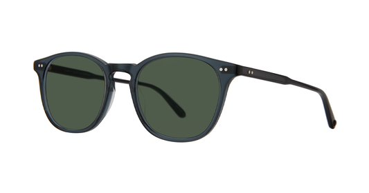 Sunglasses with dark navy frame and green lenses on a white background