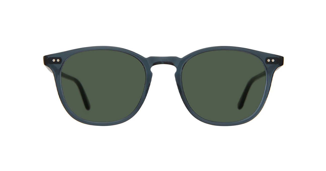 Sunglasses with dark green lenses and navy frames on a white background