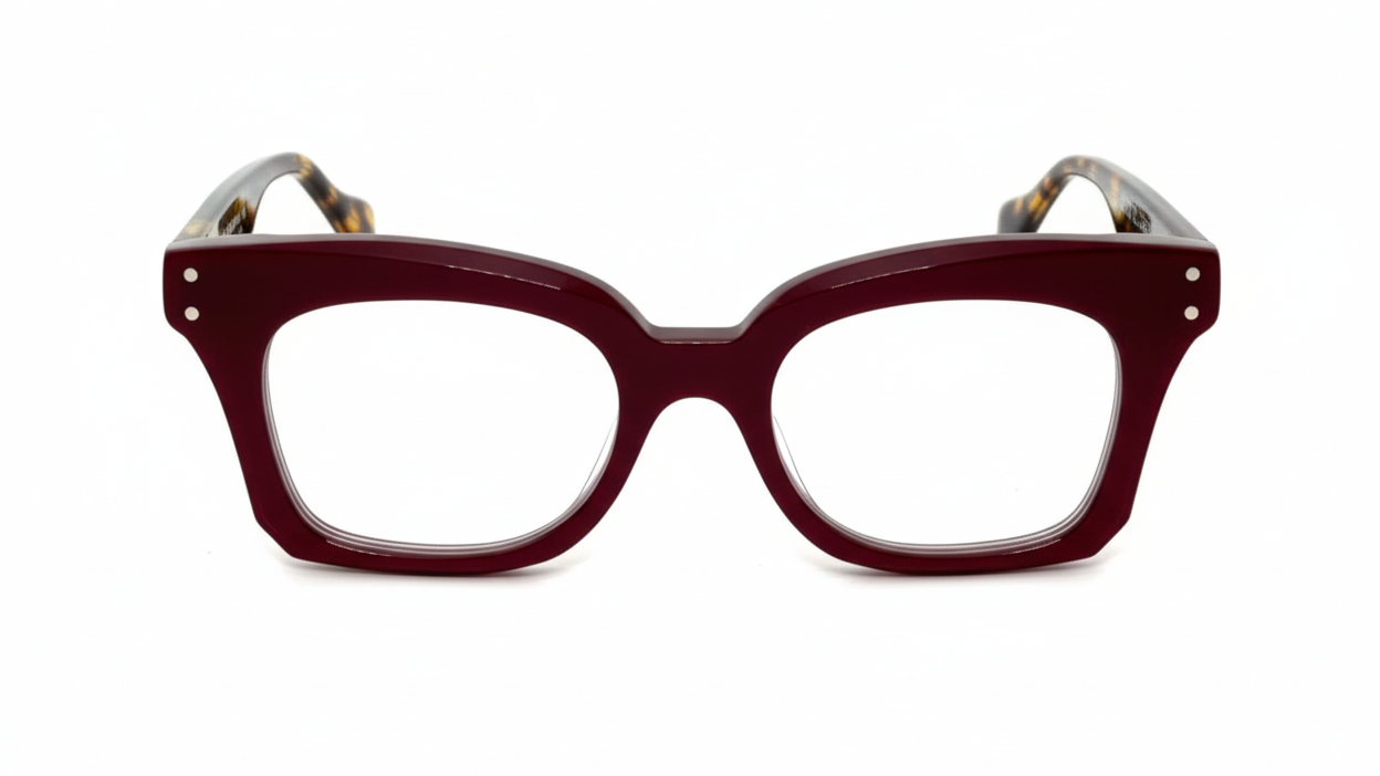 Maroon eyeglasses with gray temples on a white background
