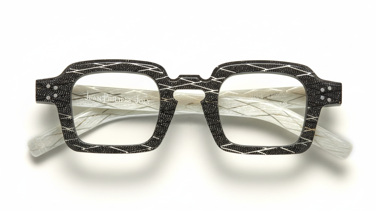 Black geometric frame eyeglasses on a white background