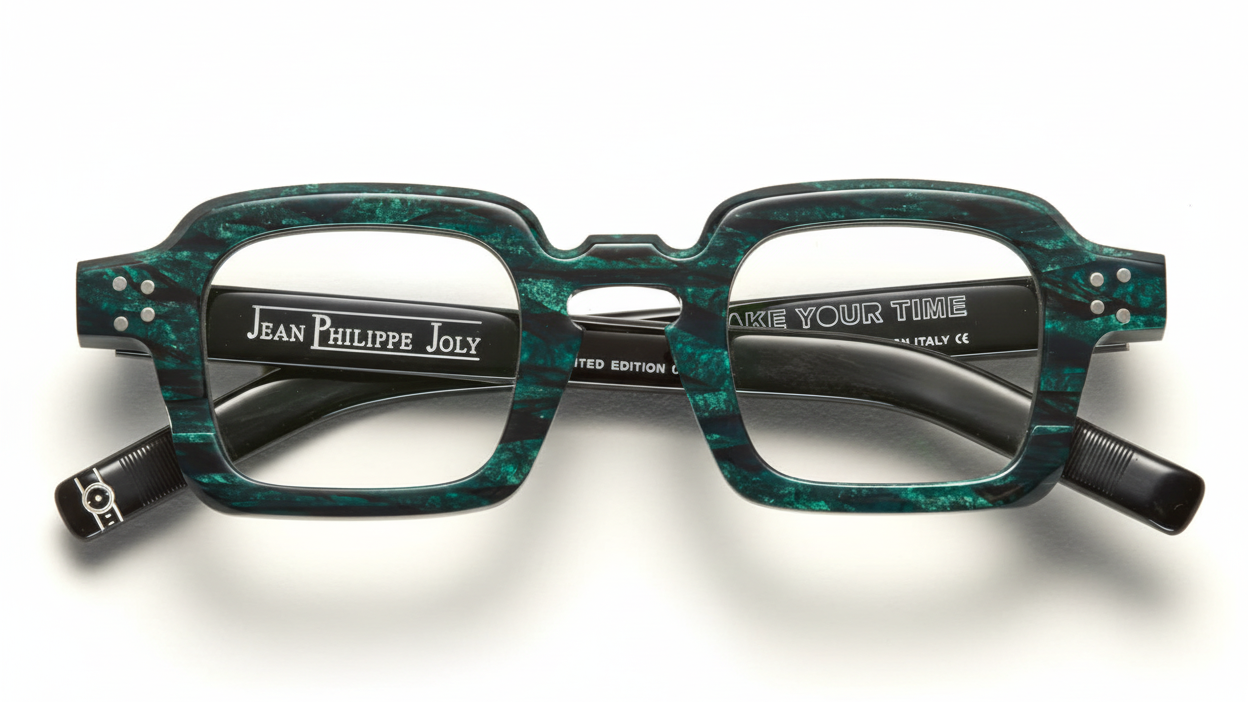 Green eyeglasses with 'Jean Philippe Joly' branding on a white background