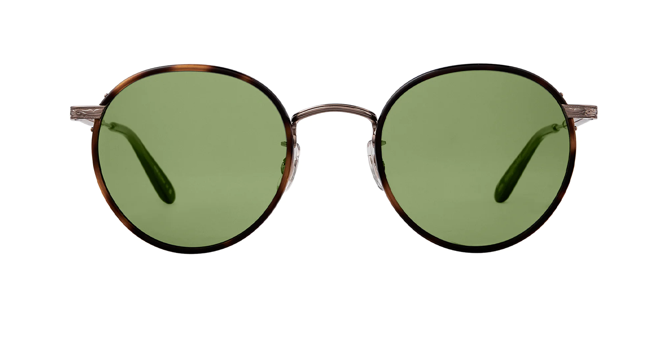 A pair of round full frame sunglasses with a patterned frame and green lenses.