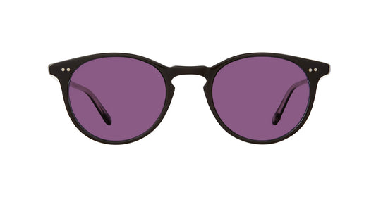 A pair of black framed sunglasses with purple lenses, displayed against a white background.