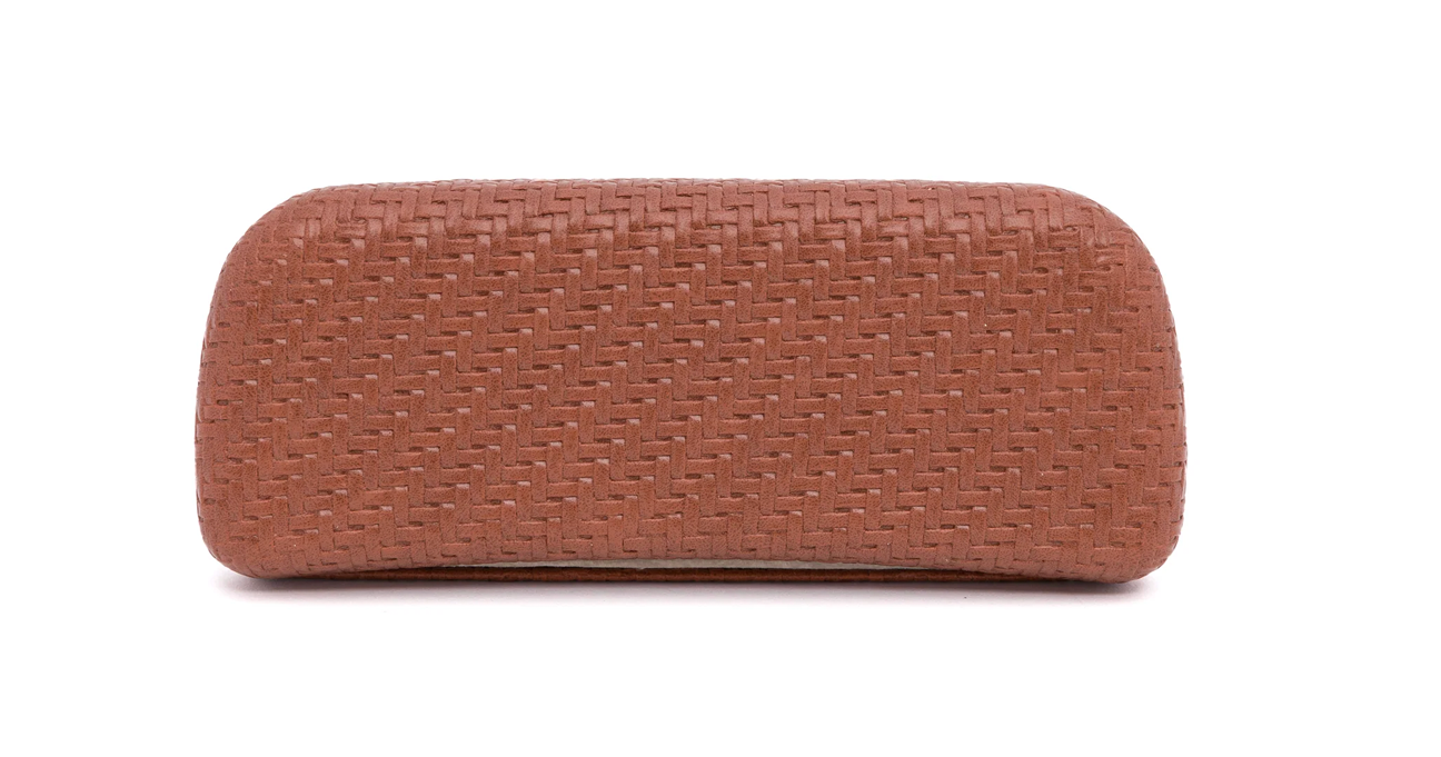 Garrett Leight Brown woven rectangular glasses hard case on a white background