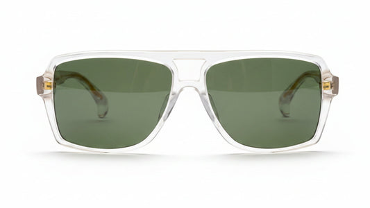 Clear sunglasses with gold accents on a white background. Green polarized lenses.