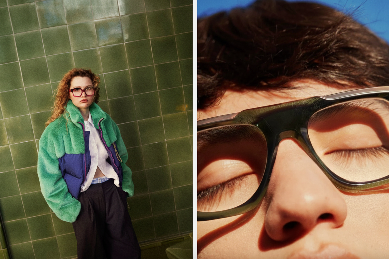 People wearing FOLC glasses and a green jacket against a tiled wall, with a close-up of their face. 