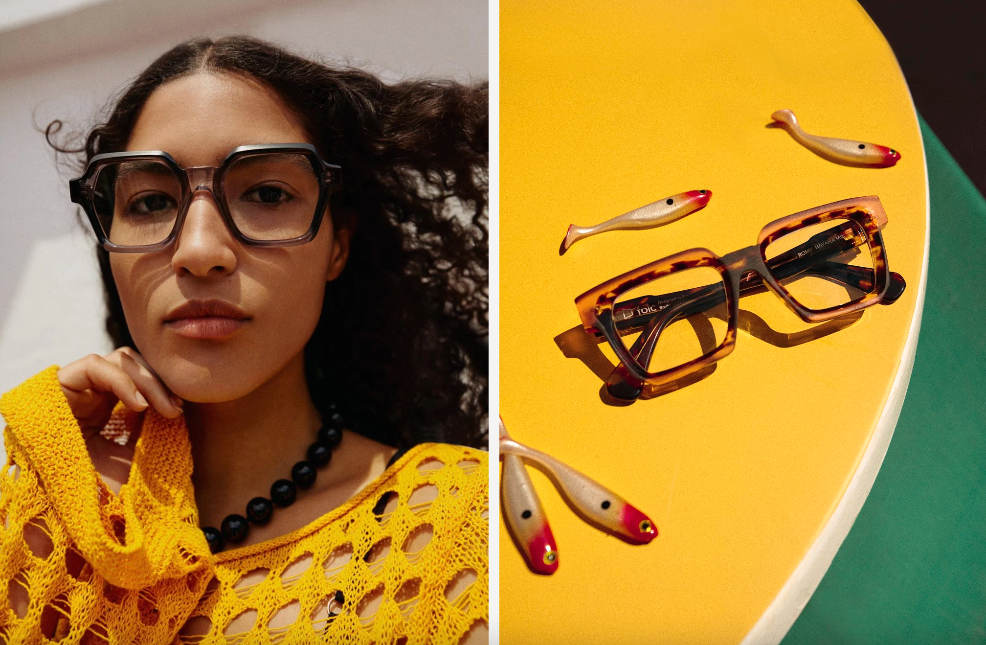 Close-up of FOLC bold tortoiseshell glasses handcrafted in Italy, showcasing the rich texture and architectural design on a yellow backdrop.