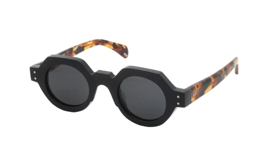 Black and tortoiseshell eyeglasses on a white background