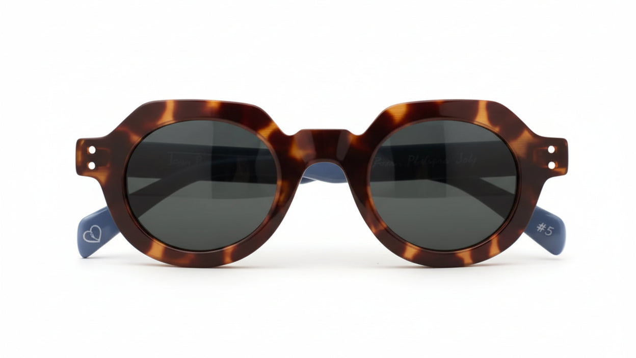 Sunglasses with brown frame and blue arms on a white background