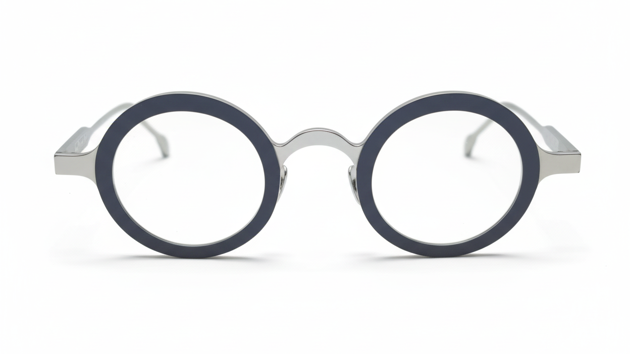 Round eyeglasses with blue frames on a white background