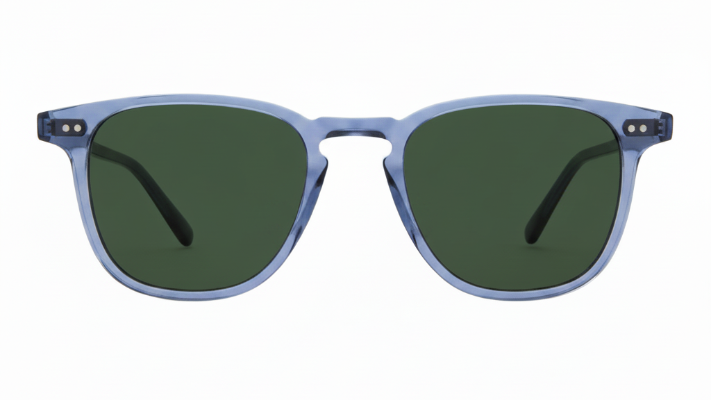 Sunglasses with blue frames and green lenses on a white background
