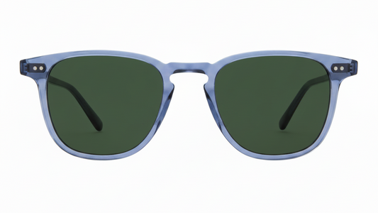 Sunglasses with blue frames and green lenses on a white background