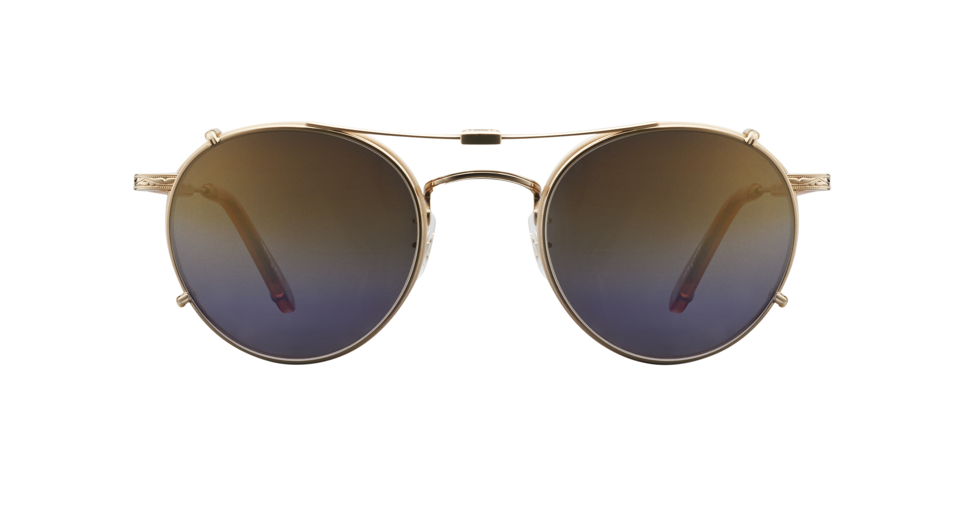 A gold Garrett Leight stainless steel folding sun clip with mirror lenses, designed to attach to Wilson eyeglasses, displayed against a plain background.